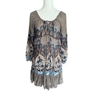 Boho Mixed Paisley Floral Print Ruffle Hem Tunic Top Black Blue Tan Tie Neck